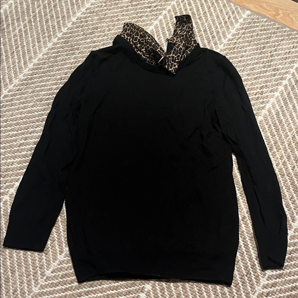J. Crew Black merino tippi Sweater with Leopard Print collar XS